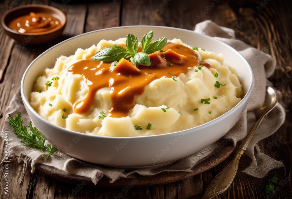 creamy mashed potatoes gravy white bowl wooden table, food, homemade, meal, side, dish, smooth, savory, tasty, vegetarian, traditional, garnish, appetizing creamy mashed potatoes gravy white bowl wooden table, food, homemade, meal, side, dish, smooth, savory, tasty, vegetarian, traditional, garnish, appetizing
