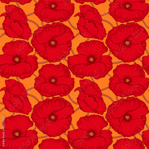 Art floral vector seamless pattern. Red poppies with orange leaves isolated o...