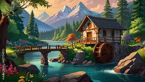 wooden house and watermill next to a river and forest with mountains in the background, in anime or cartoon style. Seamless looping 4k video animation photo