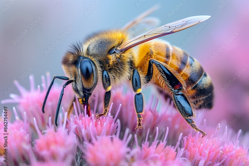 Close-Up Of A Bee Gathering Pollen From A Pink Flower In The Garden Close-Up Of A Bee Gathering Pollen From A Pink Flower In The Garden