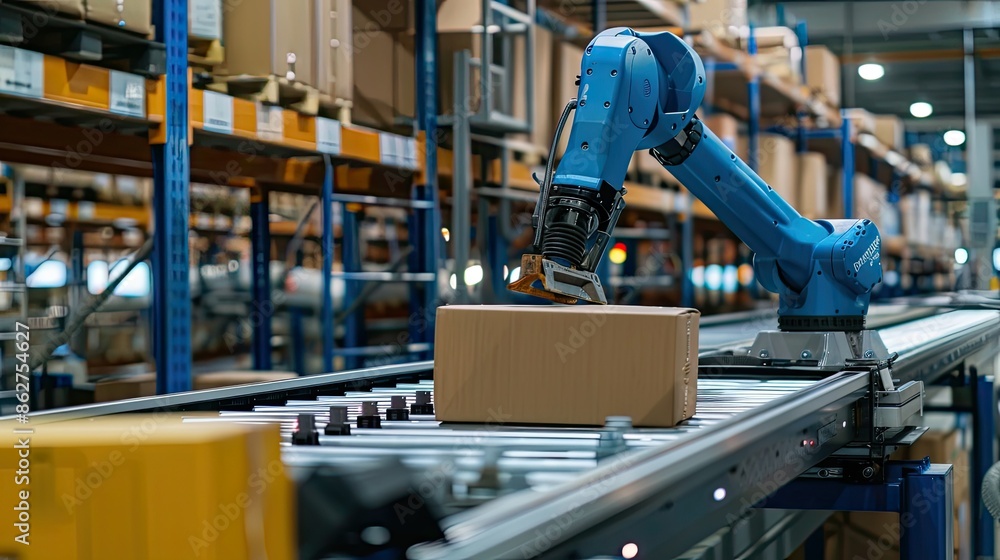 Fototapeta premium A robotic arm sorting packages in a distribution warehouse, optimizing logistics operations