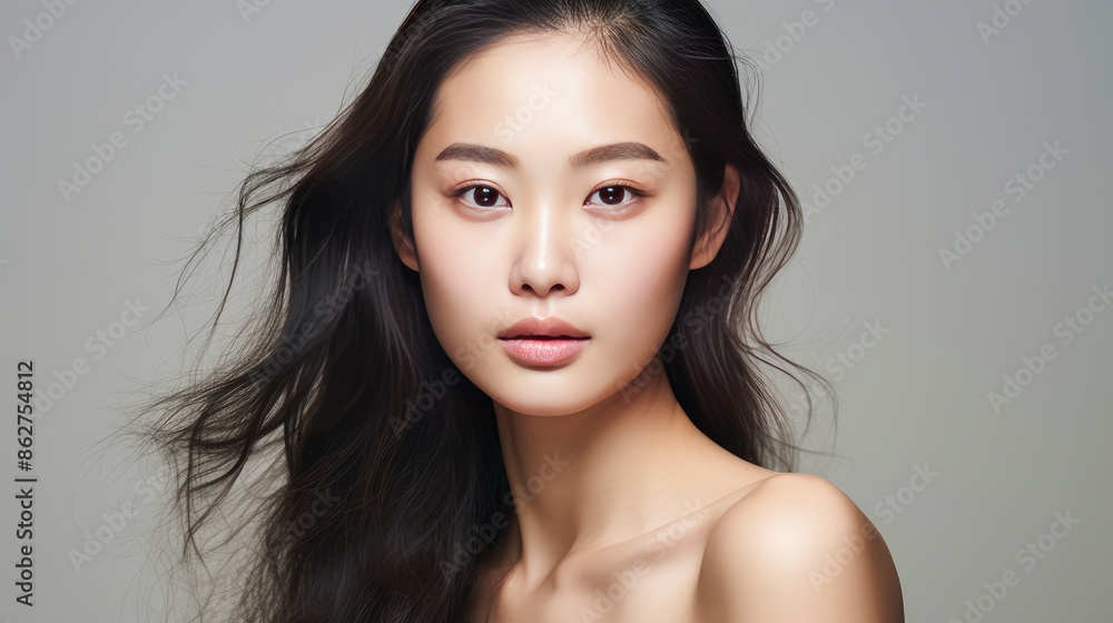 Portrait of a beautiful, sexy, smiling Asian woman with perfect skin, white background, banner. Portrait of a beautiful, sexy, smiling Asian woman with perfect skin, white background, banner.