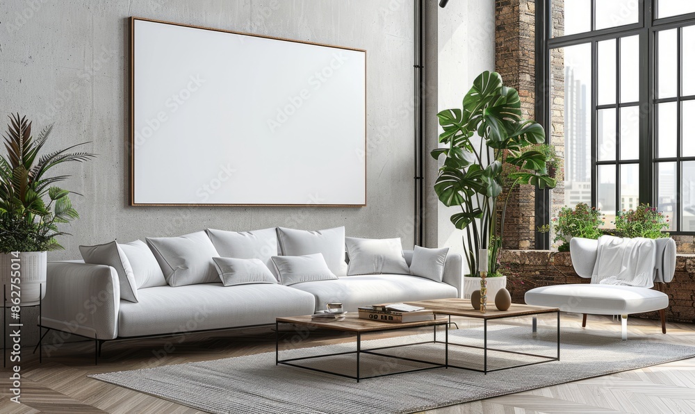 Elegant living room with a blank canvas on the wall Elegant living room with a blank canvas on the wall
