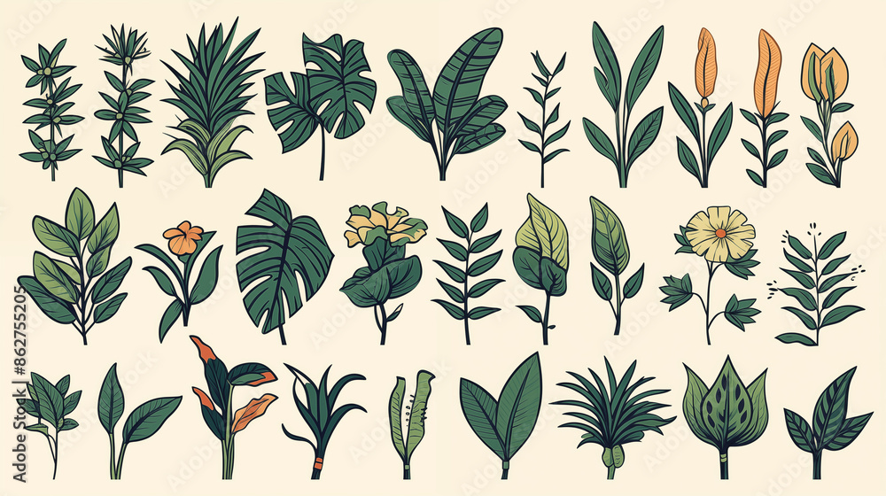 Tropical leaves set. Abstract exotic elements. Monstera, banana tree, palm leaves. Flat illustration isolated on white background Tropical leaves set. Abstract exotic elements. Monstera, banana tree, palm leaves. Flat illustration isolated on white background
