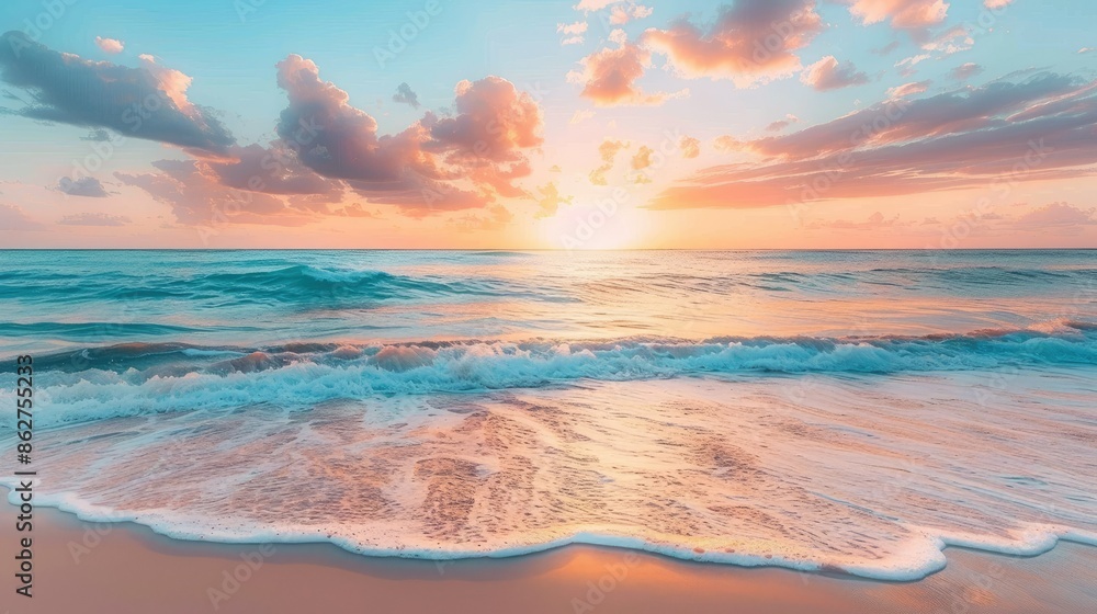 A serene beach scene at sunrise, with calm waves gently lapping the shore and colorful clouds in the sky A serene beach scene at sunrise, with calm waves gently lapping the shore and colorful clouds in the sky