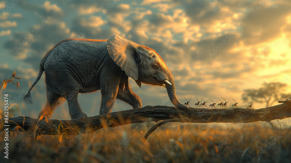 Fototapeta premium A baby elephant walks across a fallen log in the sunset on the savannah. The ground passes through a swarm of ants. Birds fly in the distance. In the lush forest, sunlight filters through the leaves.