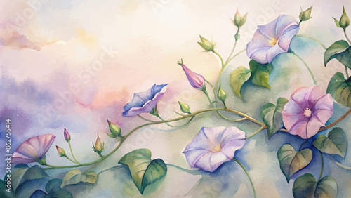 Watercolor background of morning glory vines