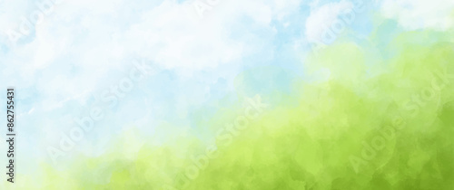 	
Abstract summer landscape vector watercolor background with blue sky, white clouds and green field. Watercolor illustration for interior, flyers, poster, cover, banner. Modern hand draw painting.