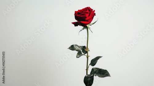 Fototapeta Naklejka Na Ścianę i Meble -  Red rose standing alone on white background