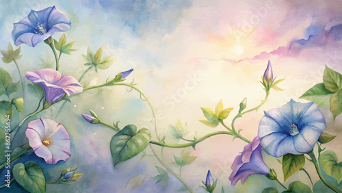 Watercolor background of morning glory vines