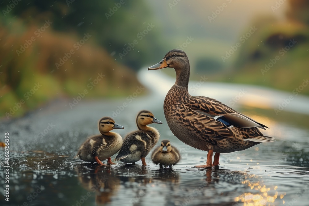 Duck Family Walking On Wet Road During Golden Hour Duck Family Walking On Wet Road During Golden Hour