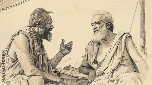 Exodus:Jethro’s Advice,Genesis Counsel: Jethro Advises Moses, Judges, Biblical Illustration, Serene Camp, Beige Background, Copyspace