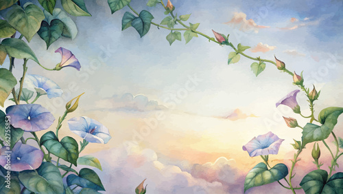 Watercolor background of morning glory vines