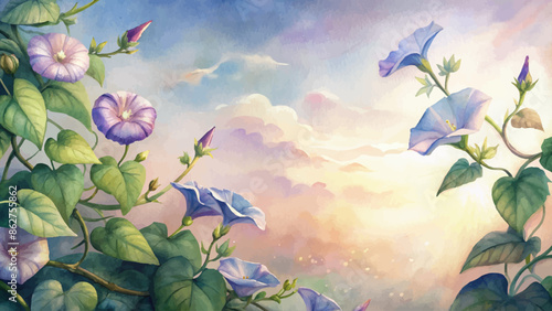 Watercolor background of morning glory vines