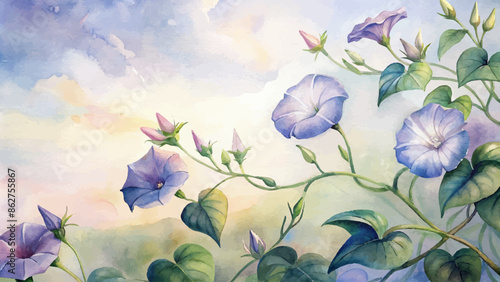 Watercolor background of morning glory vines