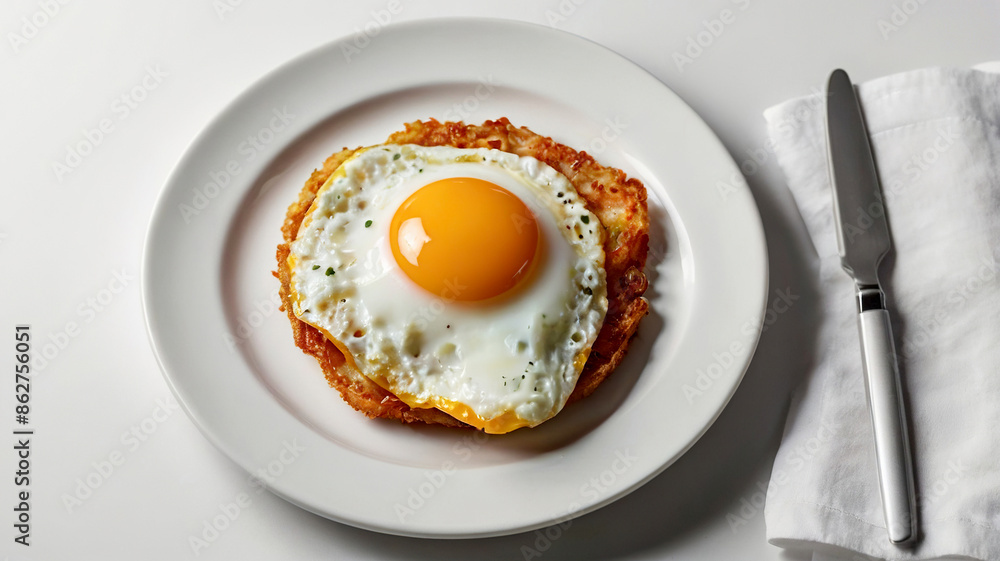 Fried egg on white plate isolated on white background, fried egg with runny yolk on white plate, isolated on white background Fried egg on white plate isolated on white background, fried egg with runny yolk on white plate, isolated on white background