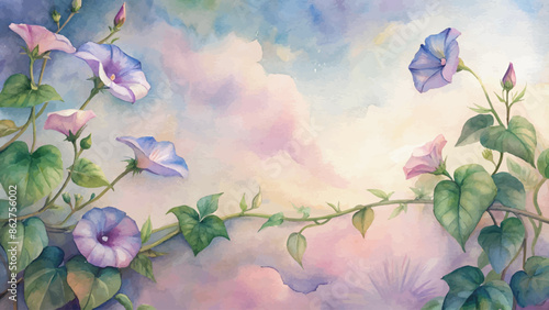 Watercolor background of morning glory vines