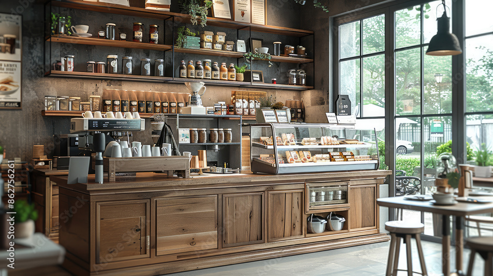 Retro wooden coffee shop display cabinet. Generative AI. Retro wooden coffee shop display cabinet. Generative AI.