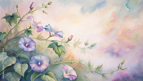 Watercolor background of morning glory vines