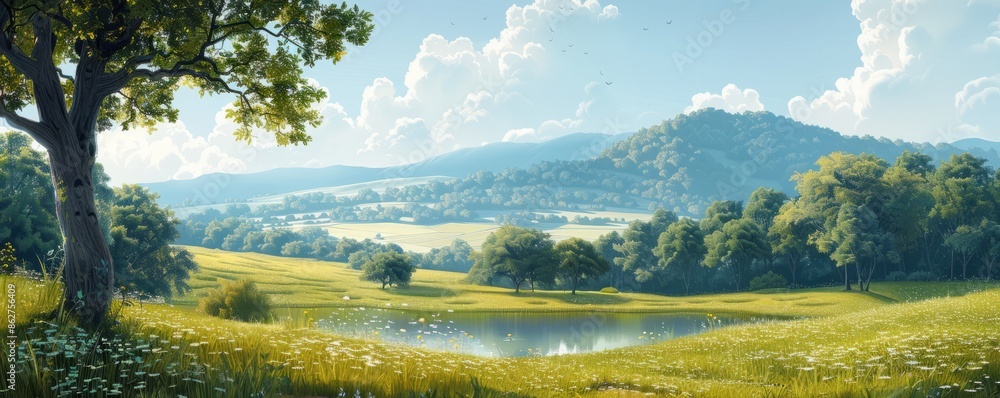 Fototapeta premium A tranquil countryside landscape with green fields. Realistic.