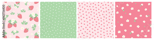 Vector illustration. Seamless patterns in pink tones, strawberries, flowers, dots, hearts. Fruits, summer, vacation, fabric design, wrapping paper