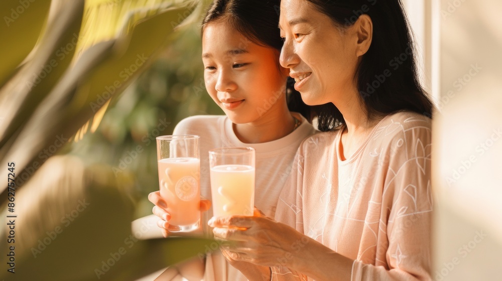 Tranquil Morning Asian Mother and Teenage Daughter Enjoying Vitamin Health Drinks on a Sunny Porch Tranquil Morning Asian Mother and Teenage Daughter Enjoying Vitamin Health Drinks on a Sunny Porch