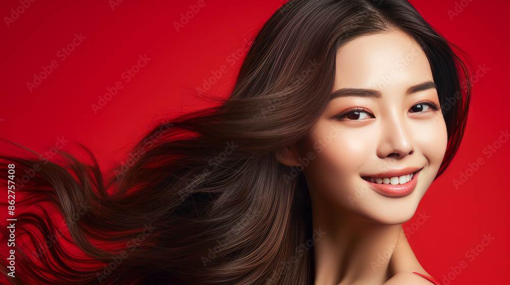 Obraz premium Portrait of a beautiful, sexy, happy smiling Asian woman with long hair, with perfect skin, white background, banner.