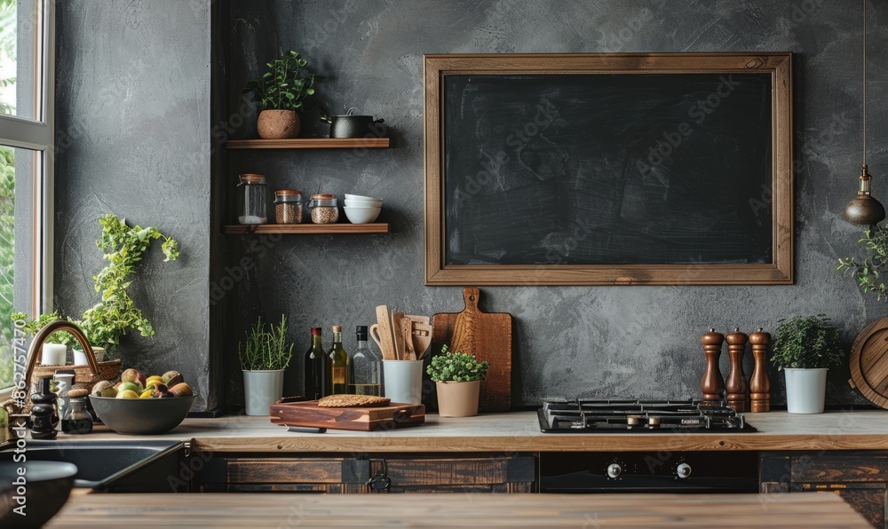 Bright kitchen with an empty chalkboard on the wall Bright kitchen with an empty chalkboard on the wall