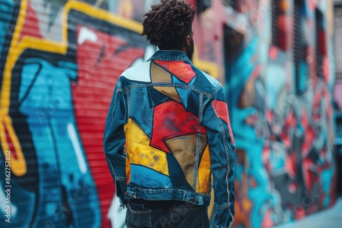 An urban streetwear scene with a model wearing a hand-painted denim jacket, the back displaying an eye-catching mural of abstract shapes and bold colors, set against a graffiti-covered wall to highlig © Aqsa