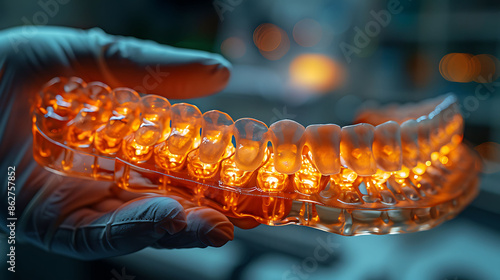 Closeup of doctor hand in gloves holding a glowing wooden clavicle model showing the sternal and acromial ends photo