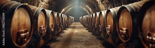 Rows of Wine Barrels in a Dark Cellar