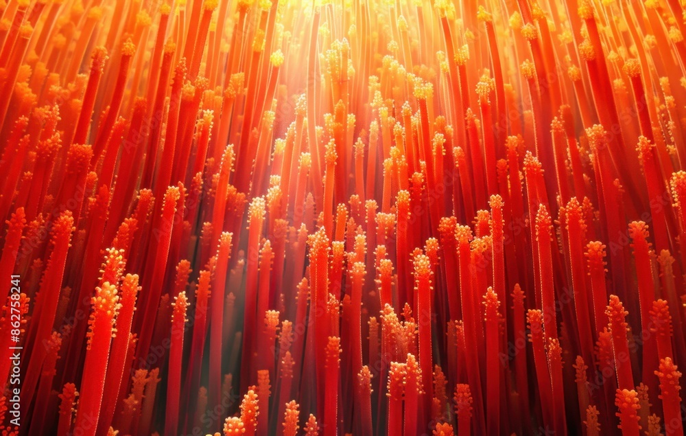 Sunlit field of vibrant red sticks a closeup view of nature's beauty and serenity in travel and art theme Sunlit field of vibrant red sticks a closeup view of nature's beauty and serenity in travel and art theme