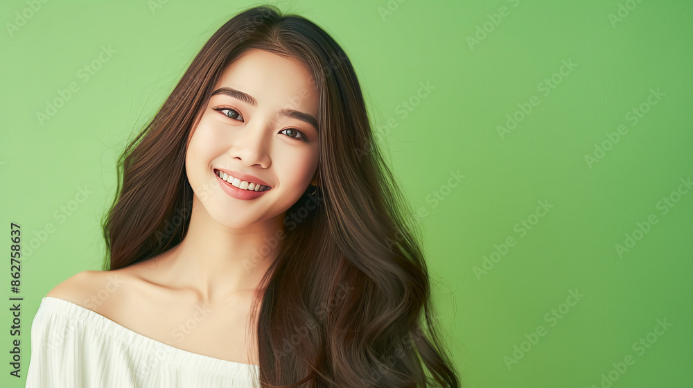 Portrait of a beautiful, sexy, happy smiling Asian woman with long hair, with perfect skin, light green background, banner. Portrait of a beautiful, sexy, happy smiling Asian woman with long hair, with perfect skin, light green background, banner.