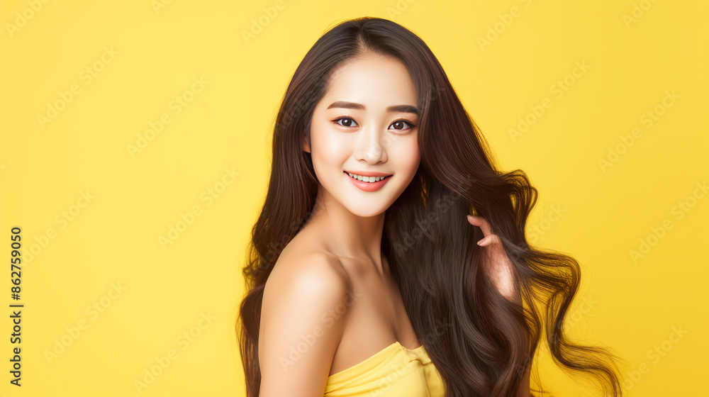 Portrait of a beautiful, sexy, happy smiling Asian woman with long hair, with perfect skin, yellow background, banner.