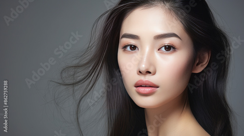 Portrait of a beautiful, sexy, smiling Asian woman with perfect skin, gray background, banner.