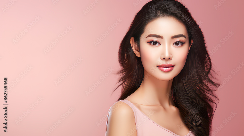 Portrait of a beautiful, sexy, smiling Asian woman with perfect skin, pink background, banner. Portrait of a beautiful, sexy, smiling Asian woman with perfect skin, pink background, banner.