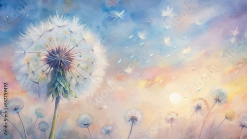 Soft dandelion feather watercolor background
