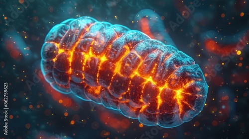 Visualization of a mitochondrion with glowing effects.