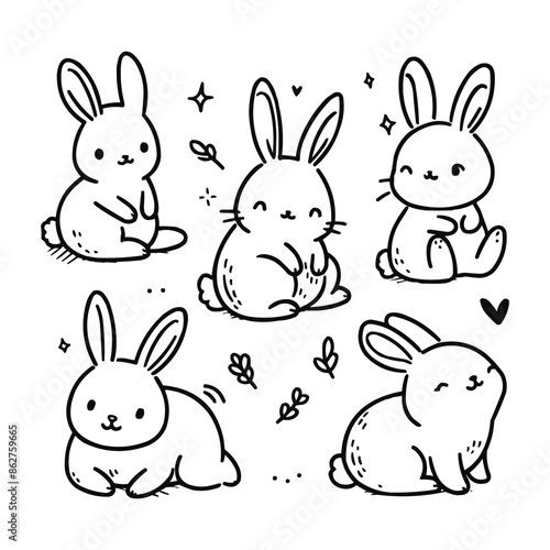 Cute bunny rabbit outline sketch vector illustration. Minimal bunny line art doodle in different poses.