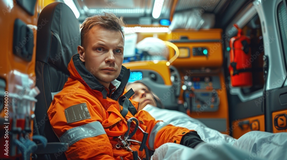 Paramedic ready for action in an ambulance. Paramedic ready for action in an ambulance.