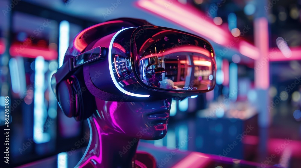 Woman using virtual reality headset in a modern studio. Woman using virtual reality headset in a modern studio.