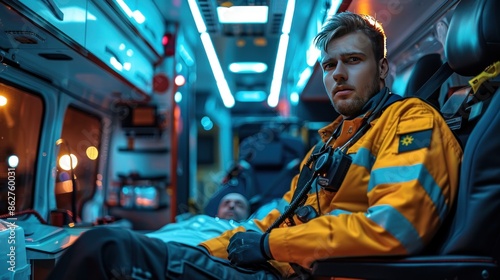 Paramedic in an ambulance on a rescue mission. photo