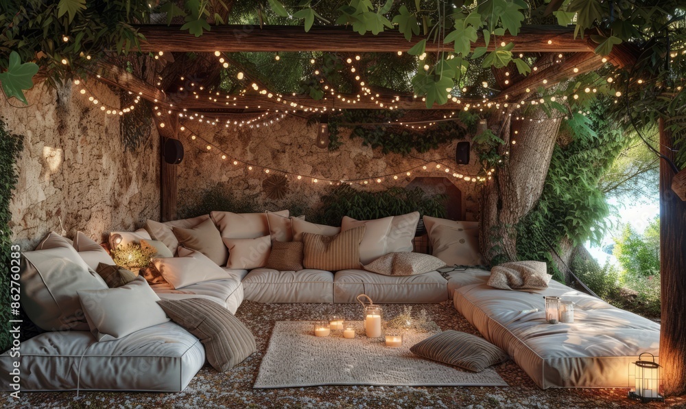 Fototapeta premium A cozy outdoor seating area with string lights and cushions