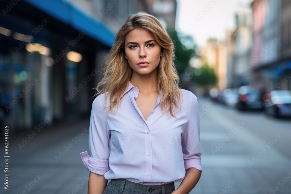 A woman in a pink shirt stands on a sidewalk in front of a building A woman in a pink shirt stands on a sidewalk in front of a building