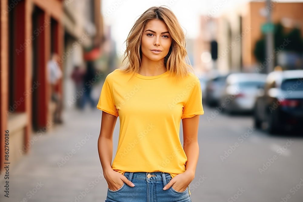 A woman in a yellow shirt stands on a sidewalk in front of a building A woman in a yellow shirt stands on a sidewalk in front of a building