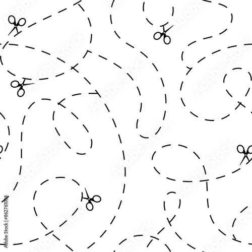 Cut here seamless pattern. Vector scissors with dotted lines, paper cut here seamless pattern for ticket, coupon, promo code.