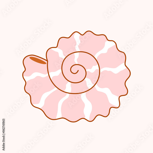 Large pink seashell with round edges curled into spiral with wavy, jagged edges. Cute vector illustration in flat style on light background.
