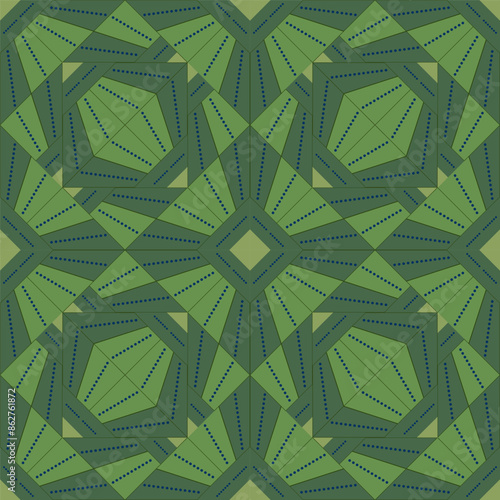 Seamless geometric pattern from lines and dots. Vector decorative square diagonal ornament. Green colors pattern. Strict monochrome design. Mosaic tile background for design project.