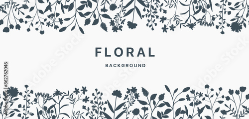 Floral background black silhouette. Wildflowers seamless border. Flower plant pattern leaf design. Spring summer abstract floral frame, card for wedding invitation. Vector illustration flora decor