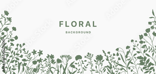 Floral background black silhouette. Flower plant pattern leaf design. Spring summer abstract floral frame. Vector illustration flora decor
